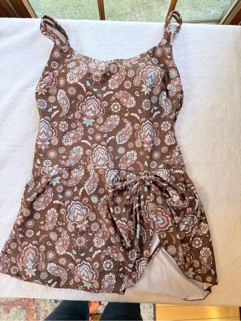 Brown Paisley One-Piece Swimdress with Side Tie